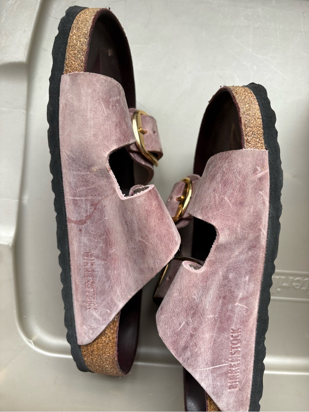 Birkenstock Big Buckle Arizona Lavender Suede Sandals with Gold Buckles - Picture 4 of 6